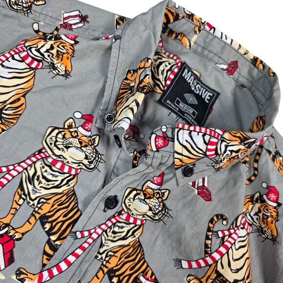 Massive Other - Massive Christmas Holiday Tiger Print Slim Button-Up Shirt Mens Medium